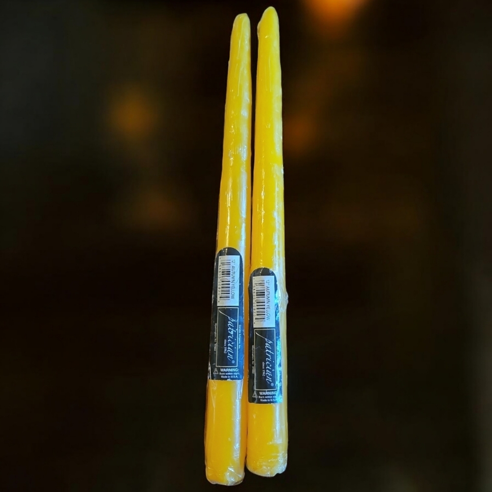 2 Patrician Premium Hand Dipped Autumn Yellow Tapered Candles Self Fitted End